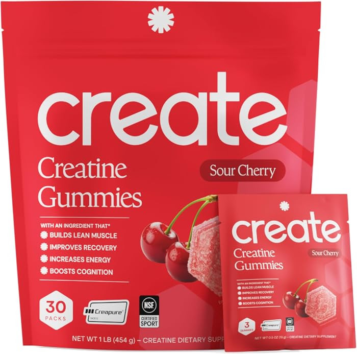 Create Creatine Monohydrate Gummies, 30 Single-Serve Packs, Sour Cherry | Amazon (US)