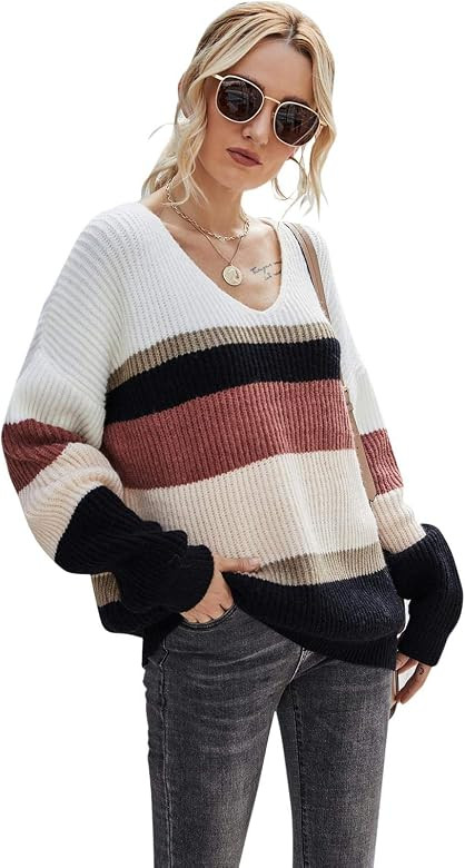 thorityau Suéter de rayas con cuello en V para mujer, suéteres ahuecados, suéter de punto suel... | Amazon (ES)