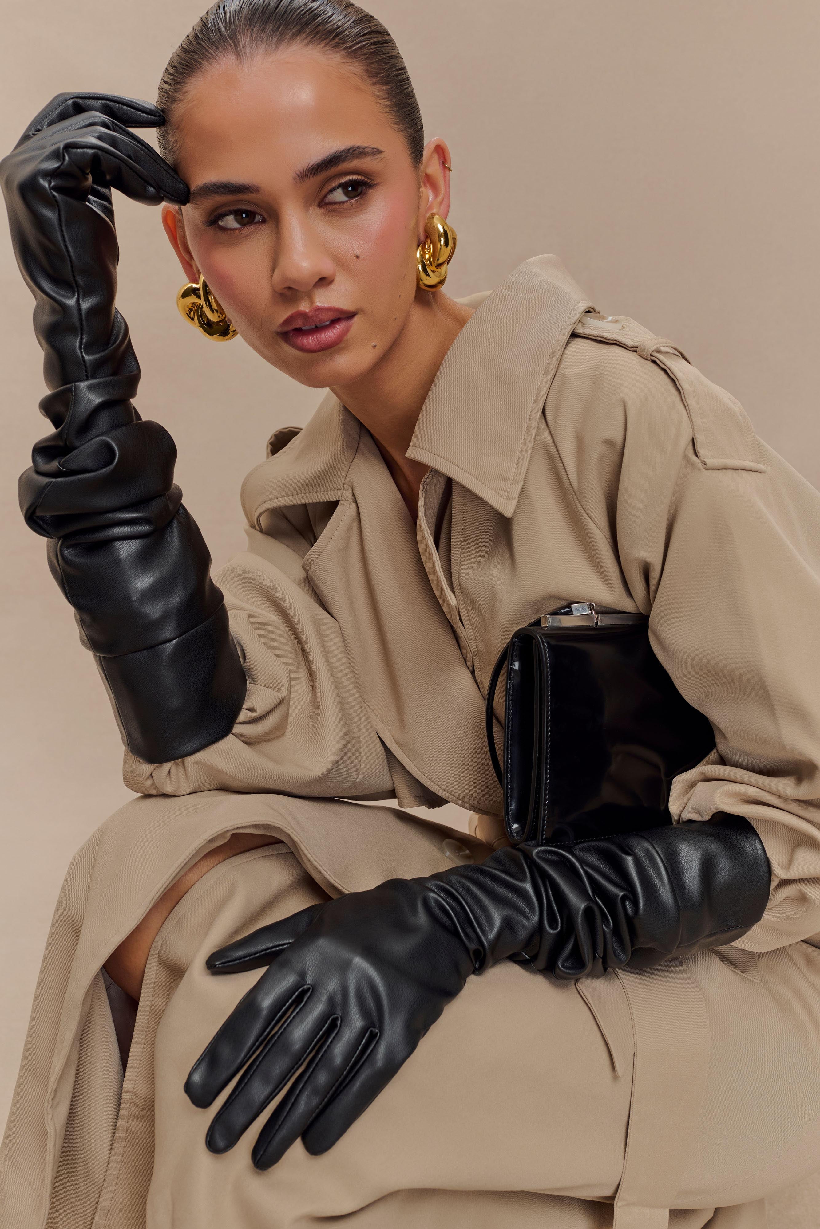 Jasper Faux Leather Elbow Length Gloves - Black | MESHKI US