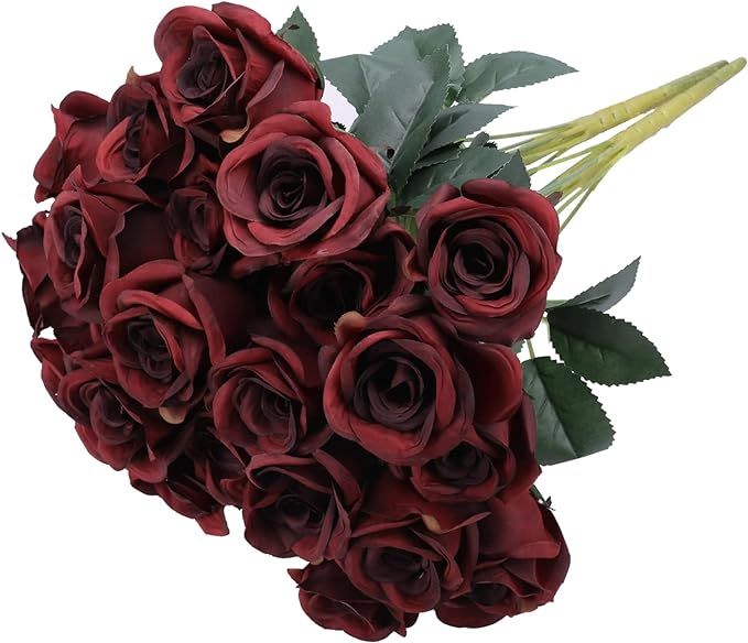 Greentime 16" Artificial Burnt Burgundy Roses 12 Heads Vintage Burgundy Flowers Gothic Rose Bouqu... | Amazon (US)