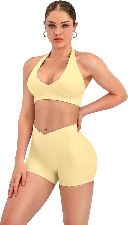 Women Workout Sets 2 Piece V Neck Halter Sports Bra High Waisted Crossover Booty Gym Shorts Yoga ... | Amazon (US)