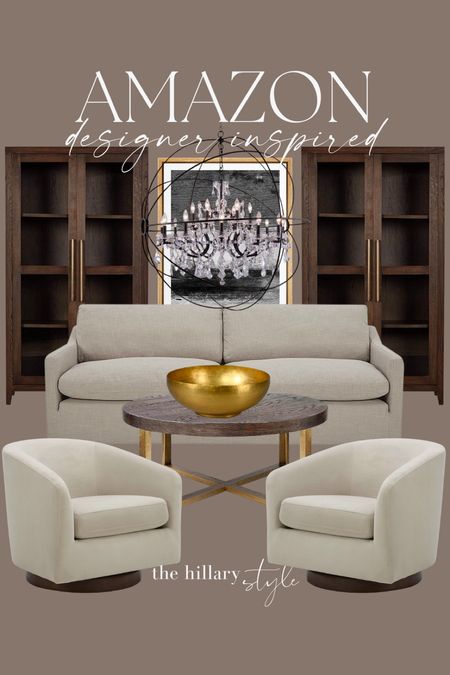 Amazon designer inspired!

Sofa. Accent chairs. Coffee table. Bowl. Cabinet. Wall art. Chandelier. 

#LTKstyletip #LTKhome #LTKsalealert