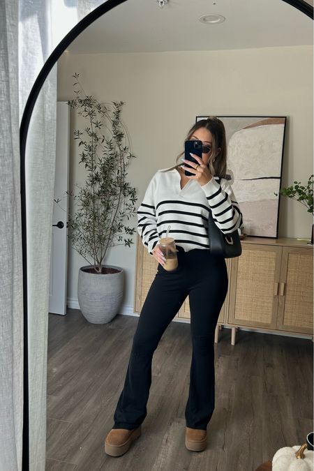 Striped sweater top with black flare leggings and ultra mini platform Uggs
Size small and true to size in all

#LTKSeasonal #LTKstyletip #LTKshoecrush