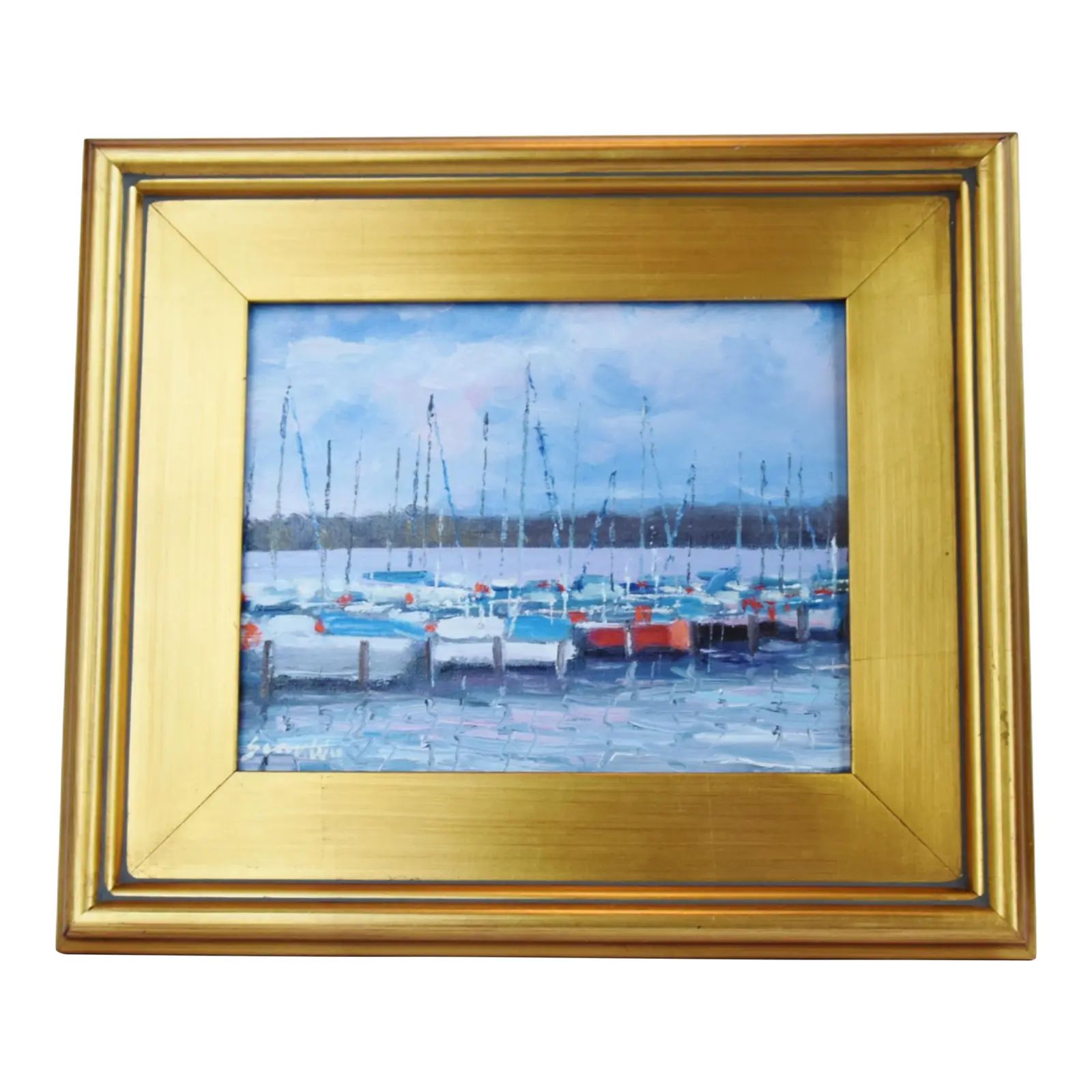 Nautical Coastal Artist Signed Sailboats in Harbor Painting W/ Gold Frame | Chairish
