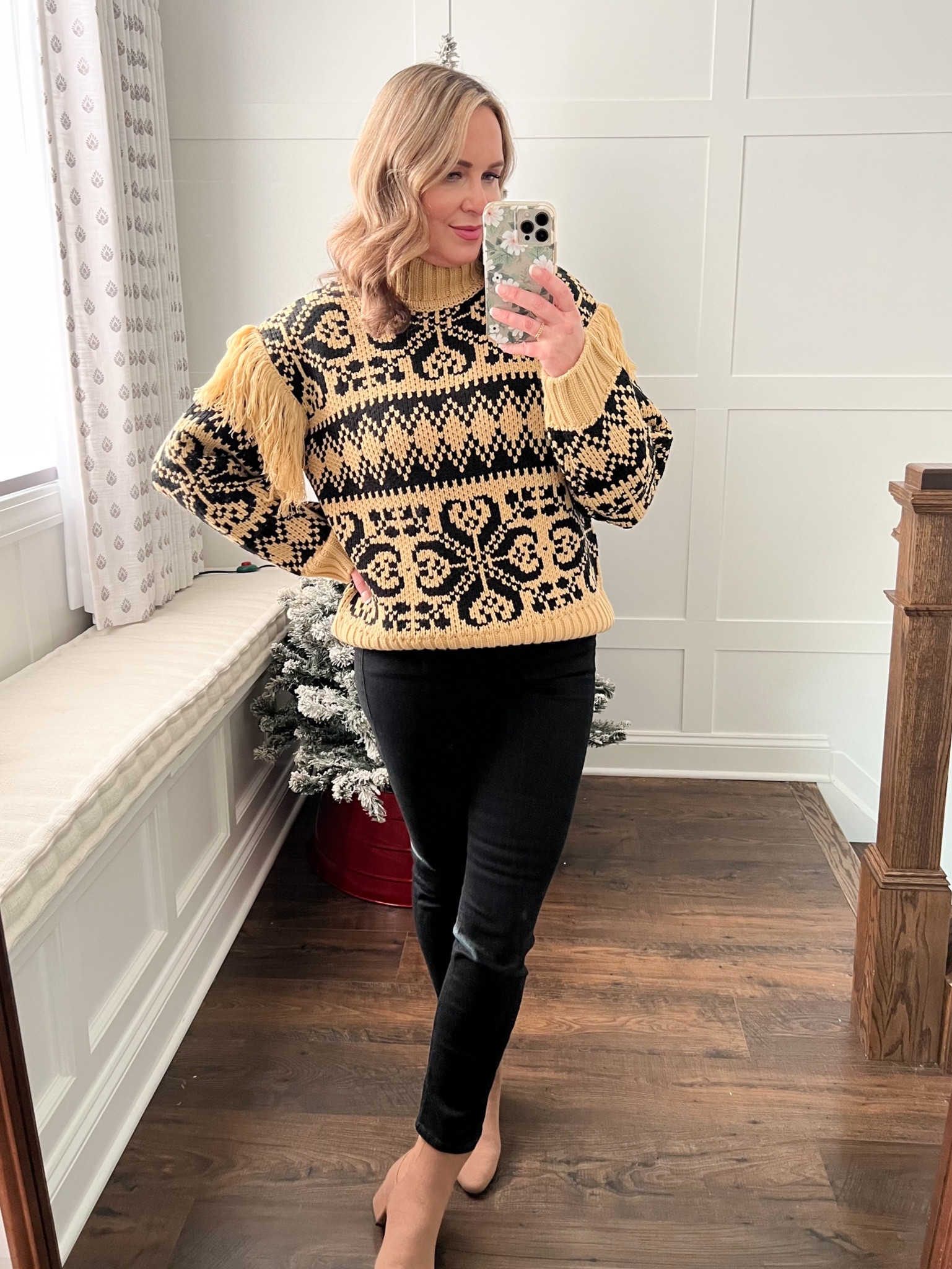 Wearing size medium in this sweater (it’s runs a bit big). It’s thick! Linking my jeans and a similar look for less option as well  