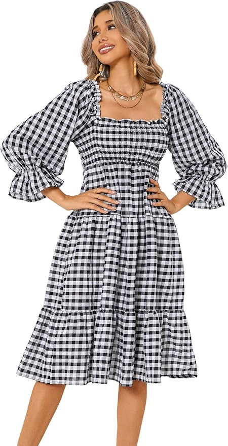 R.Vivimos Women's Summer Cotton Plaid Puff Sleeves Bow Casual Off-Shoulder Boho Midi Dress | Amazon (US)