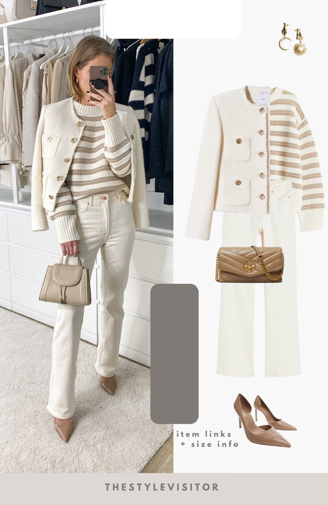 An all beige outfit with flared jeans, striped top and tweed jacket. The picture doesn’t do the jeans justice, I’m wearing size 32 and it runs a bit large. I’d say tts and perhaps try one size smaller, the fabric is quite stretchy. The sweater however do size up, I’m wearing S and I still think it’s quite small. Wearing an s from the tweed jacket. Read the size guide/size reviews to pick the right size.

Leave a 🖤 to favorite this post and come back later to shop

#cream #beige #flared jeans #striped sweater #tweed jacket 

#LTKSeasonal #LTKstyletip #LTKeurope