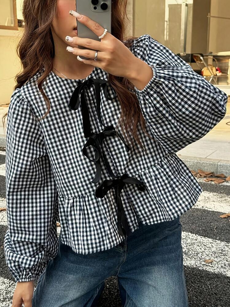Latest Vintage Black And White Plaid Bubble Long Sleeve Shirt | SHEIN