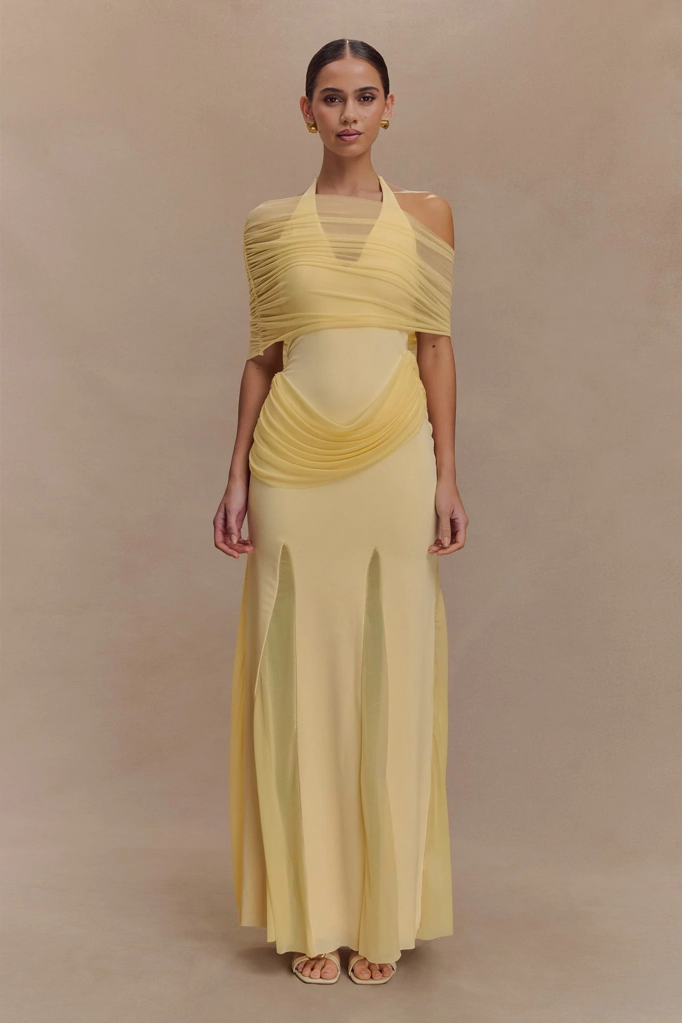 Gabrielle Slinky And Mesh Maxi Dress - Lemon | MESHKI US