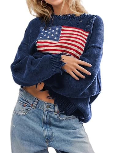 Women American Flag Graphic Casual Loose Sweater USA Flag Ripped Long Sleeve Crew Neck Knit Pullover Top (Blue, L) | Amazon (US)
