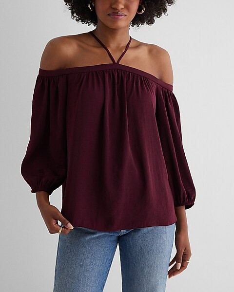 Off The Shoulder Halter Long Sleeve Top | Express