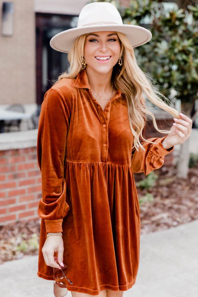 Everything's New Rust Velvet Collared Long Sleeve Mini Dress | Pink Lily