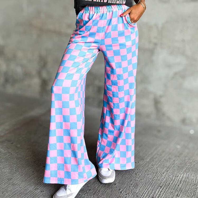 Women Wide-Leg Pants Checkerboard Elastic Waist Loose Trousers Spring Summer Casual Sweatpants Bottoms | SHEIN