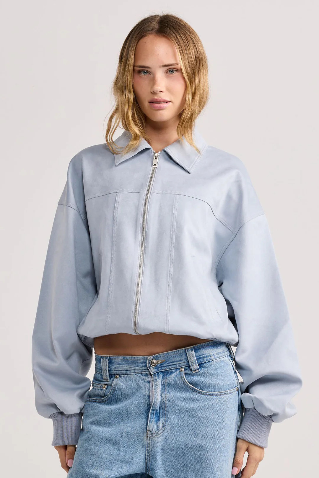 Powder Blue Faux Suede Harper Jacket | All for Mimi