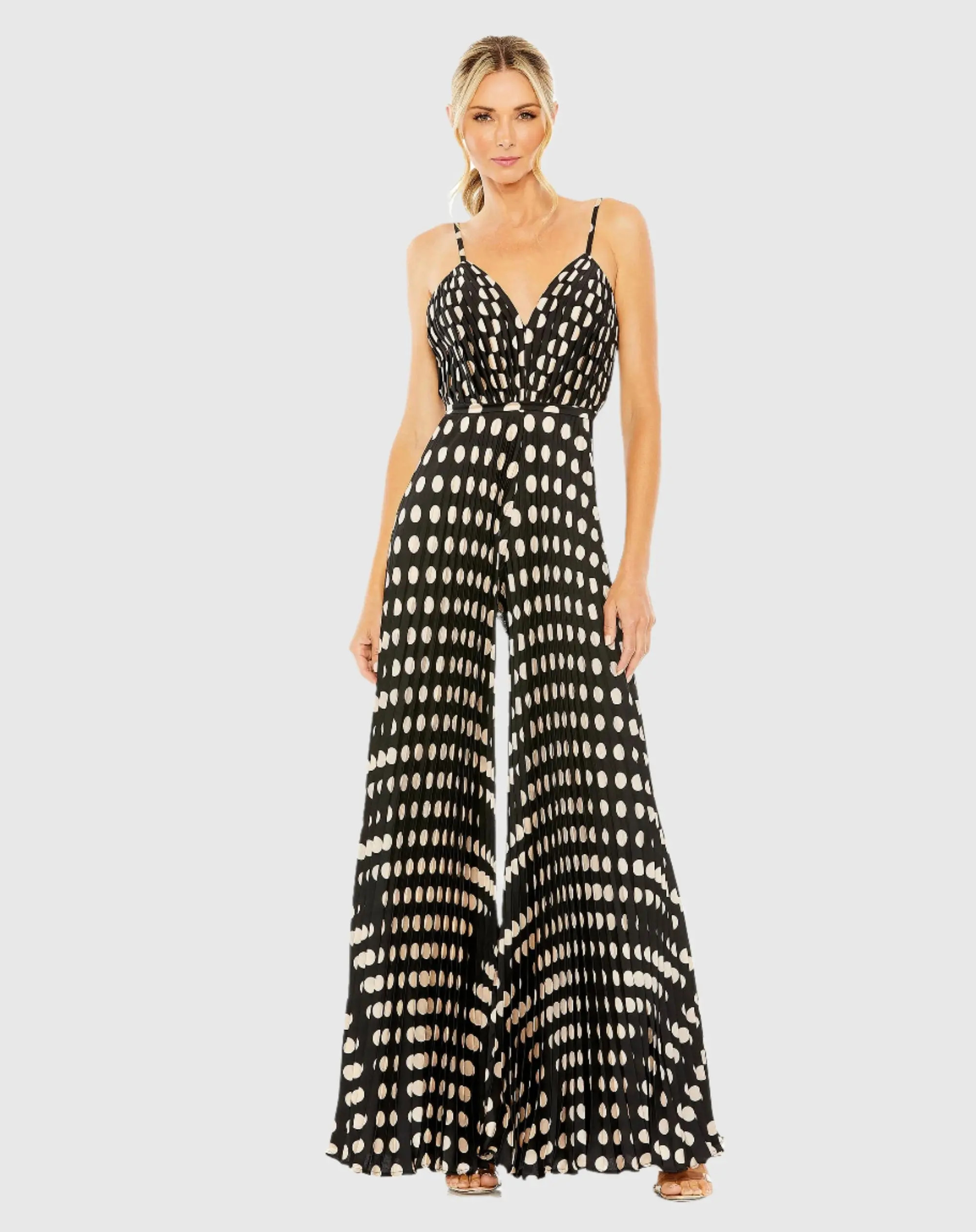 Black Pleated Charmeuse Polka Dot V-Neck Jumpsuit | Mac Duggal | Mac Duggal