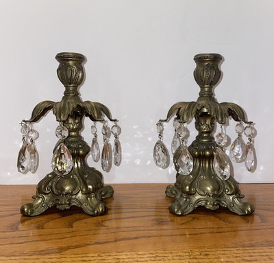 VTG Hollywood Regency Pair of 8" Ornate Metal Candlesticks Holders with Prisms | eBay US