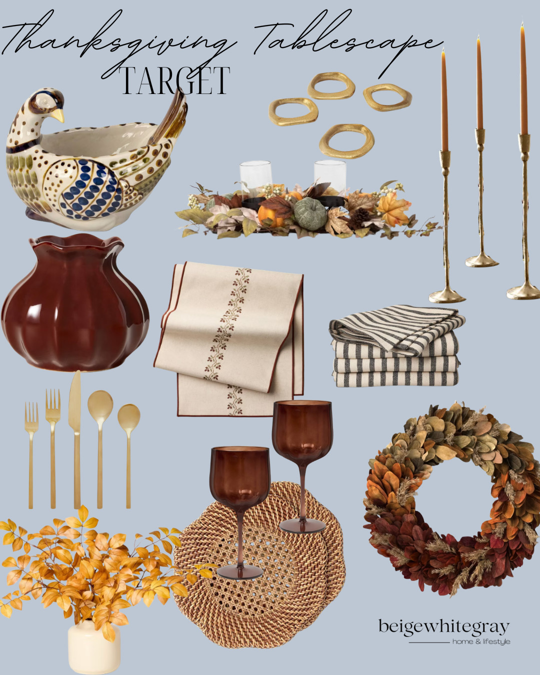 Target Thanksgiving Tablescape:
Target Thanksgiving decor, Target fall decor, Target home finds, Thanksgiving tablescape, Thanksgiving table decor, fall tablescape ideas, Thanksgiving hosting ideas, fall dinner party decor, autumn table setting, Thanksgiving centerpiece, fall centerpiece, taper candle holders, brown taper candles, fall glassware, brown wine glasses, gold flatware, woven placemats, fall napkins, Thanksgiving linens, turkey serving bowl, autumn wreath, fall floral arrangement, elevated Thanksgiving decor, cozy Thanksgiving table, Target entertaining finds

#LTKSeasonal #LTKHome