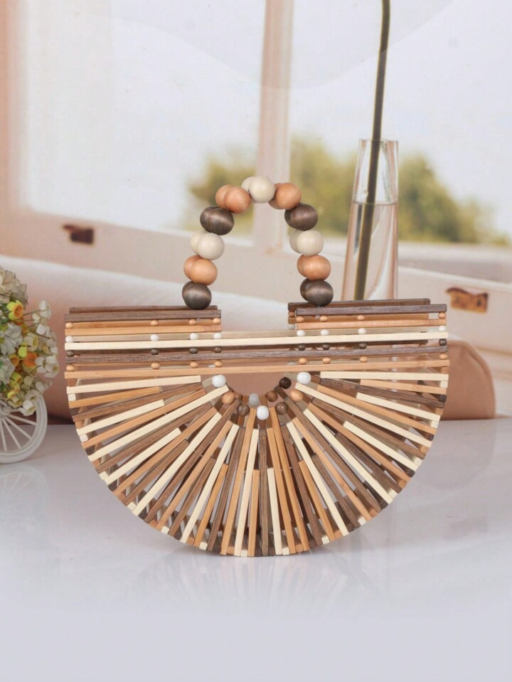 2023 New Vintage Beach Vacation Style Bamboo Basket Bag For Women Handmade Woven Bag With Hollow ... | SHEIN