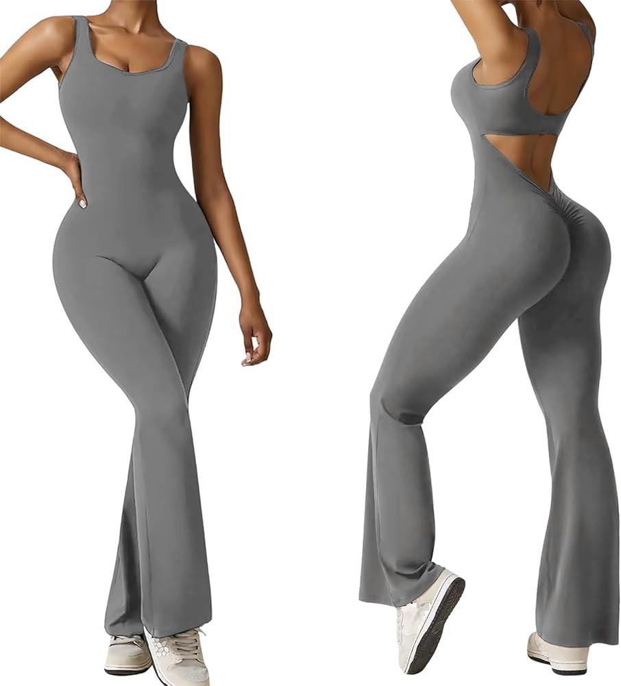 Women Sleeveless Flare Jumpsuits Sexy Backless Scrunch Butt Yoga Workout Rompers One Piece Tank T... | Amazon (CA)
