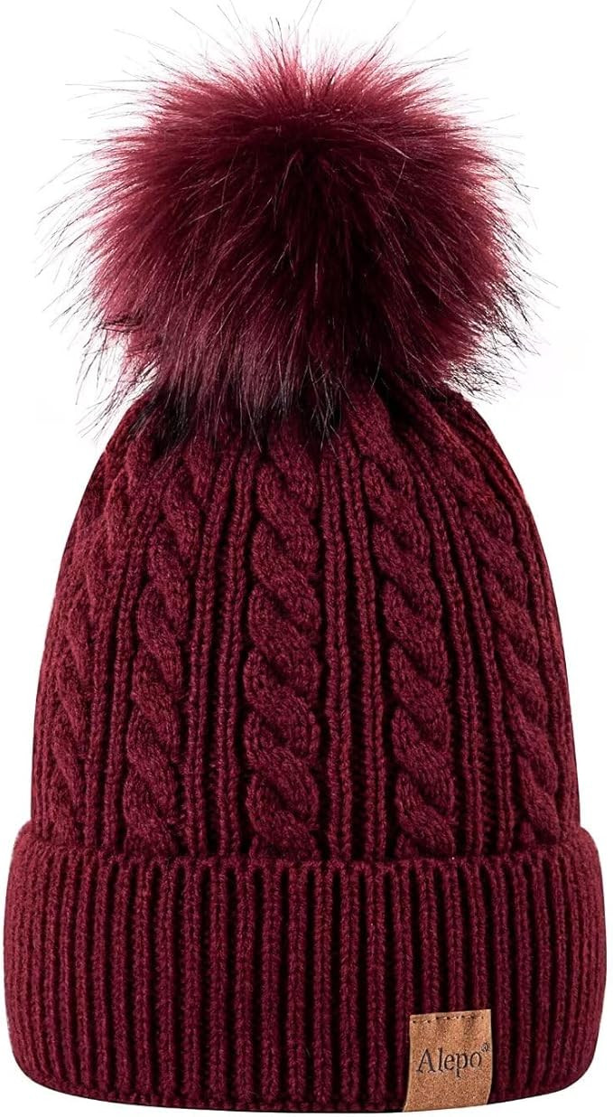 Alepo Womens Winter Beanie Hat, Warm Fleece Lined Knitted Soft Ski Cuff Cap with Pom Pom | Amazon (US)