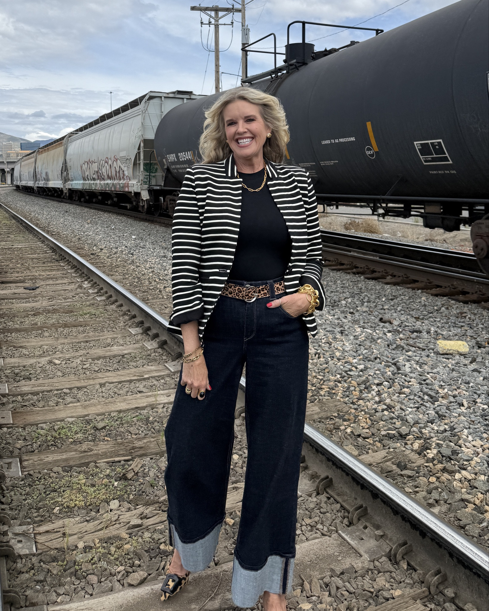 Over 50 style
Outfit inspiration

Great for work wear or teacher  outfit Inspo

Cool girls at any age mix patterns & know how to play with the mix✔️

Here mixing black and white stripe with leopard and a fun pop.

Dark wash wide leg  and large cuff by wit and wisdom are also a cool girl wardrobe piece✔️
Tts 

Black and white stripe blazer is a great knit, notch collar and true to size fit by Gibsonlook 🚨 save 10% off with code DARCY10 

Leopard calf hair , black buckle kitten heels are from Anthropologie and sold out (I’ll let you know when back in stock) I also linked similar 

Leopard belt is Chicos (old) linked similar 

Black Pumiey tee shirt  from Amazon tts 

Abbot Lyon necklace 


#LTKWorkwear #LTKautumn #LTKOver40