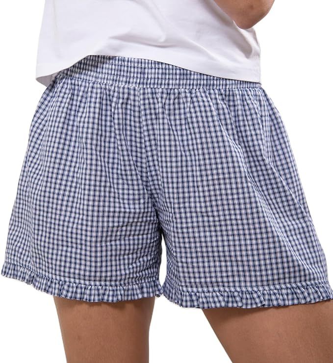 Women Y2K Lounge Plaid Shorts Ruffle Hem Elastic Waist Gingham Shorts Casual Striped Boxer Shorts... | Amazon (US)