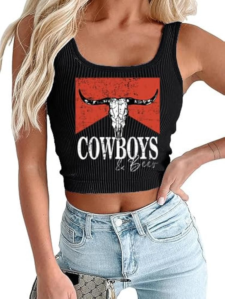 Women's Cowgirl Country Concert Sleeveless Cropped Tank Top Summer Casual Cowboy Shirt Western Gr... | Amazon (US)
