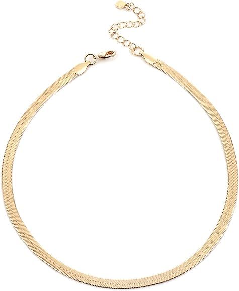 NUZON 14K Gold/Silver Plated Adjustable 5MM Flat Snake Chain Herringbone Choker Necklace Simple D... | Amazon (US)