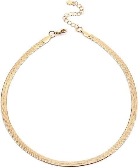 14K Gold/Silver Plated Adjustable 5MM Flat Snake Chain Herringbone Choker Necklace Simple Dainty ... | Amazon (US)