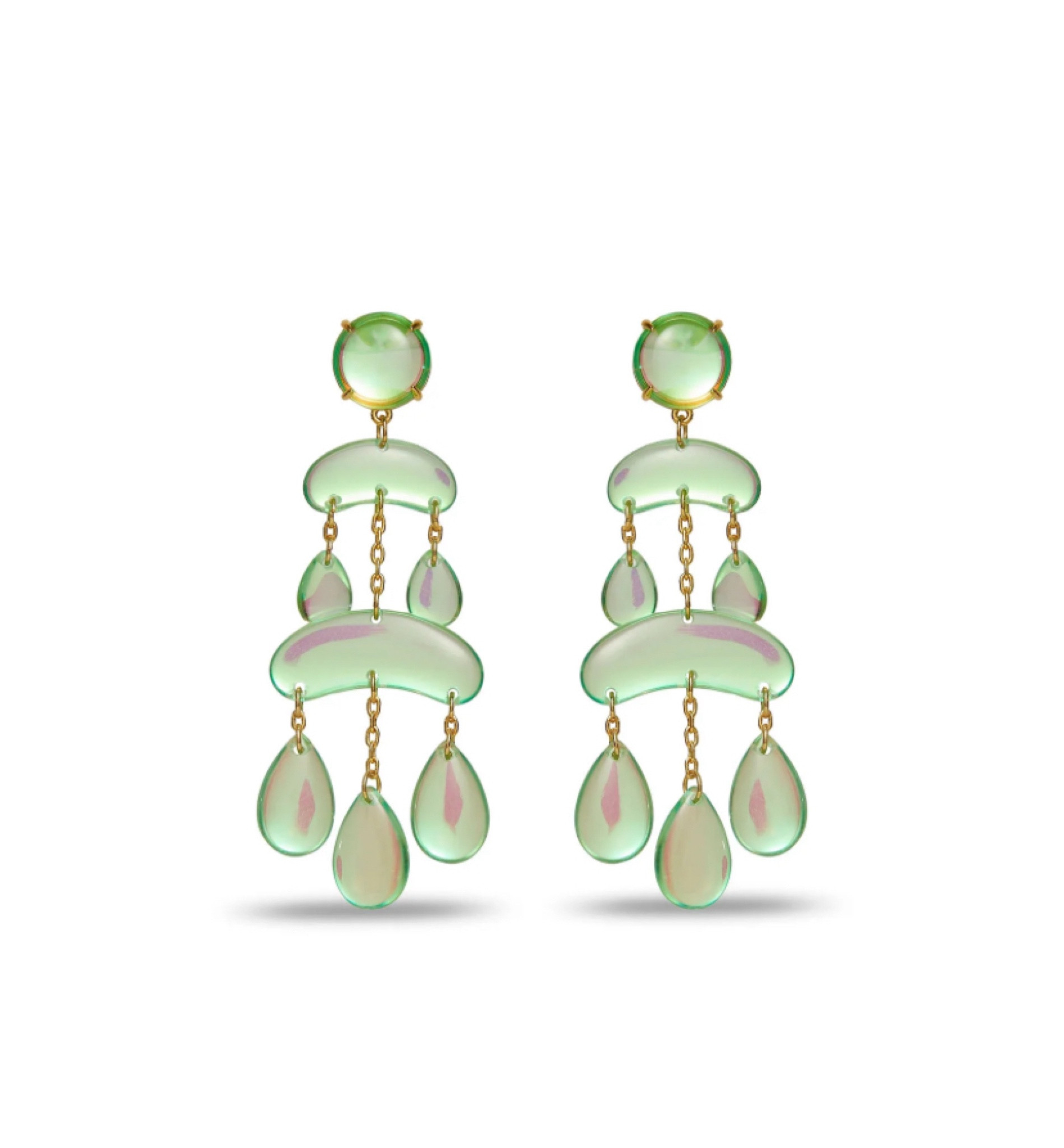 The perfect chandelier earrings with iridescent beads in a fringe pattern, these statement earrings feature smooth, translucent green resin in a dangling chandelier design with 14k gold-plated findings and green resin posts.