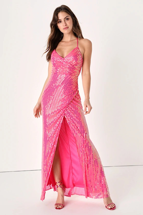 Moment to Sparkle Pink Iridescent Sequin Lace-Up Maxi Dress | Lulus (US)