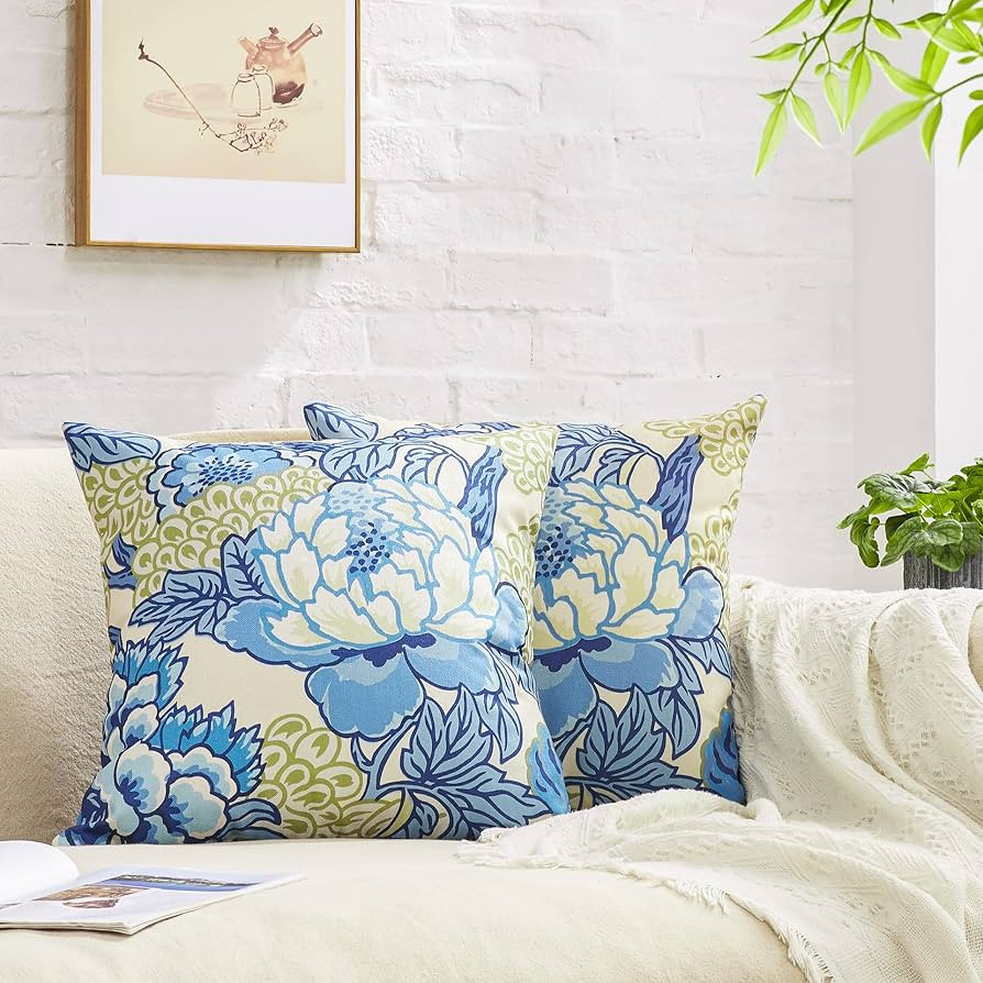 BLESFEST Pack of 2, Chinoiserie Pillow Cover 20 x 20 Inch Peony Floral Pillow Covers Linen Flower... | Amazon (US)