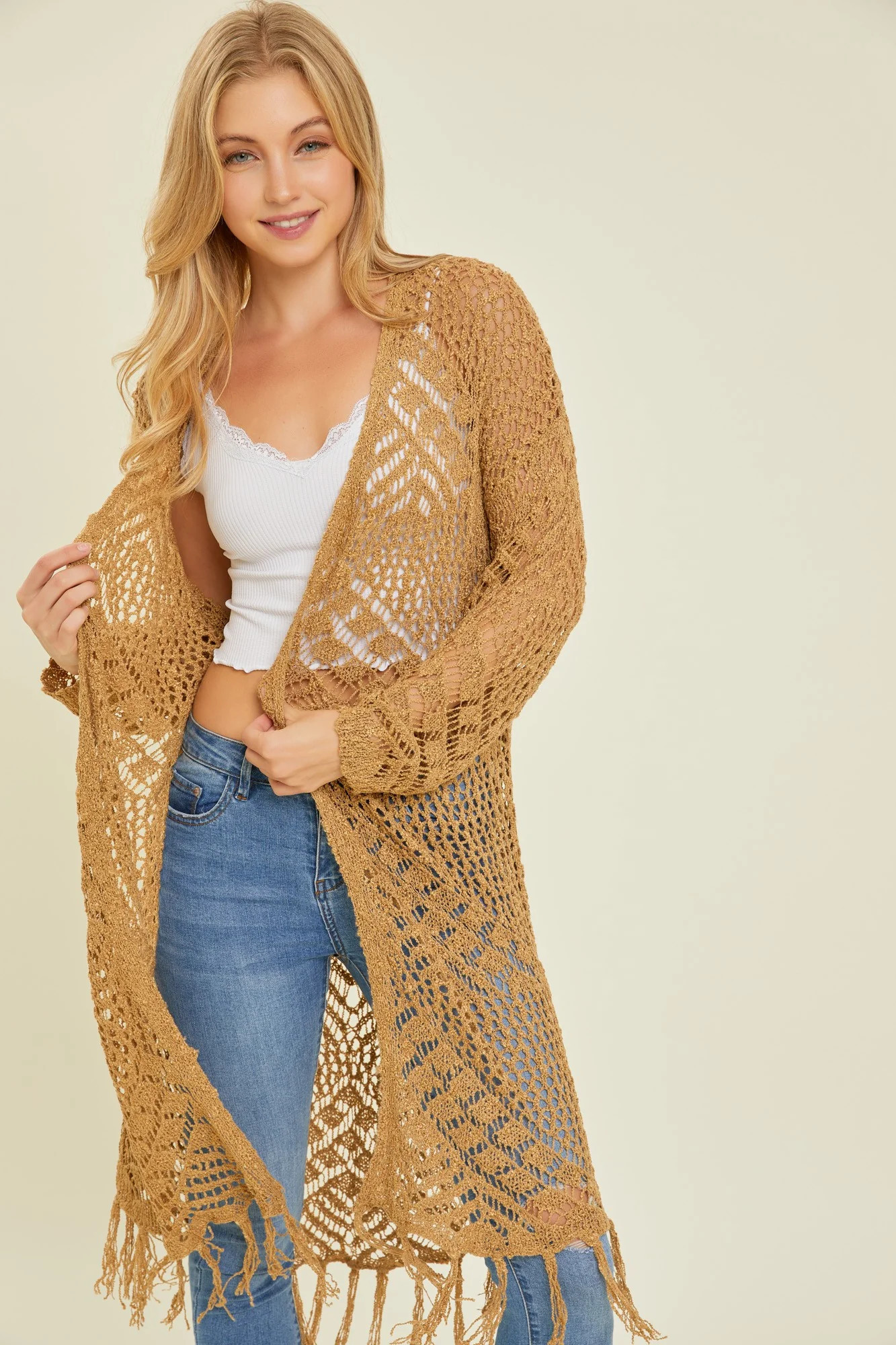 Gold Crochet Fringe Hem Cardigan | PinkBlush Maternity