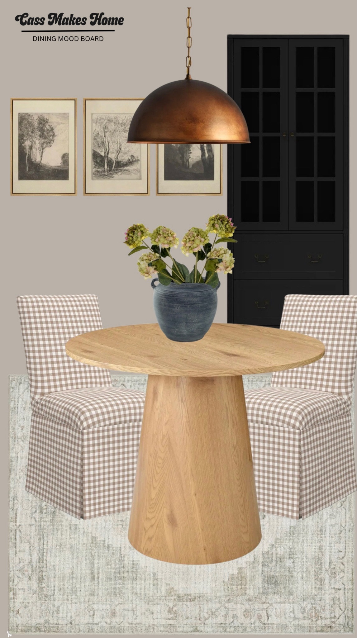 I’ve got dining areas/breakfast tables on my mind lately since I’m focusing on the kitchen and I’m super in love with this little mood board. I wish I had a place for this exact set up. I love a good upholstered dining chair that is comfortable to sit in and these gingham chairs are so freaking cute! I also can’t get enough of this hutch! It is perfect for a kitchen or dining area that needs some extra storage.

#LTKStyleTip #LTKHome #LTKFamily