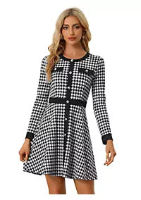 Women's Houndstooth Plaid Contrast Color Round Neck Button Front Decor Elegant A-Line Dress | Belk