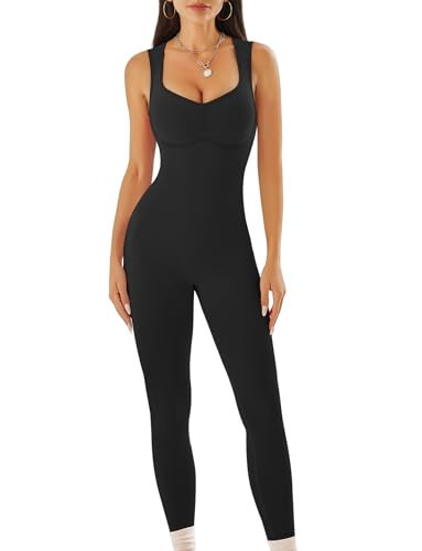Yefecy Womens Workout Jumpsuits Seamless Tummy Control Bodycon Rompers Sleeveless Sweetheart Neck Yoga One Piece - Black M | Amazon (US)