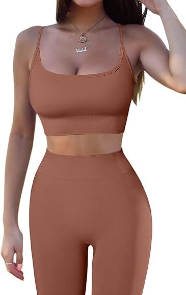 QINSEN Women 2 Piece Workout Outfits Sports Bra Seamless Leggings Yoga Gym Activewear Set | Amazon (US)