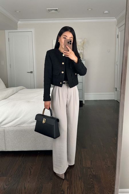 20% off at Abercrombie with code AFLTK

• Sloane trousers still one of the best fitting trousers for petites, with no waist gap on me and lengths ranging from extra short to tall. I wear a 24 short in the lightweight and regular Sloane for a snug waist fit, sometimes a 25 shirt in certain other fabrics 

•Boucle jacket xxs - nice quality, chic modern cropped boxier cut with shoulder pads . I have the sleeves folded under about an inch

•Edited Pieces belt xxs (at EditedPieces.com)
•Cafune bag, not linkable

#petite smart casual work outfit 

#LTKSale #LTKworkwear #LTKSeasonal
