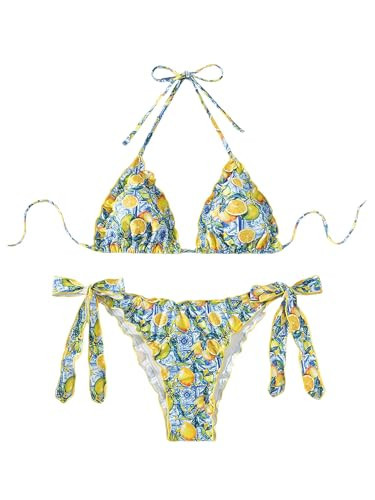 Milumia Women's 2 Piece Bikini Set Lemon Lettuce Trim Halter String Triangle Bathing Suit Multicolor Medium | Amazon (US)