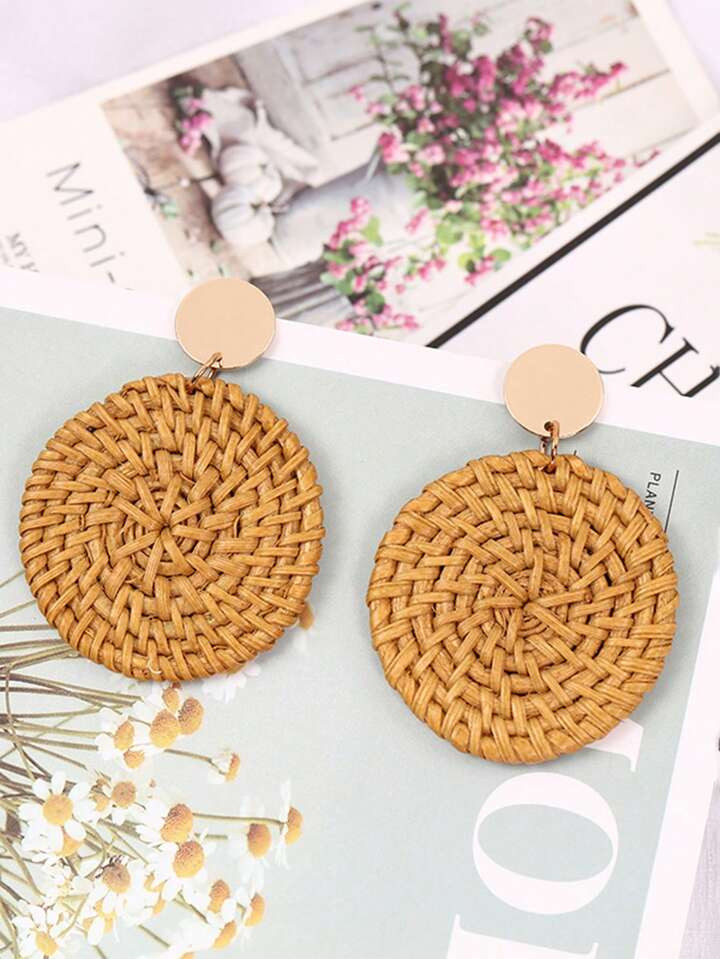 1 Pair Minimalist Bohemian Style Rattan Hoop Earrings, Suitable For Women Summer Beach Holiday Pa... | SHEIN