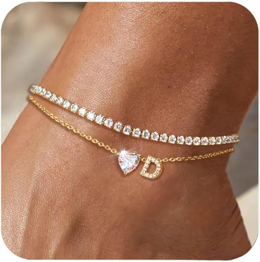 Gold Initial Ankle Bracelets for Women Waterproof 14K Gold Filled Layered Anklets for Women Non T... | Amazon (US)