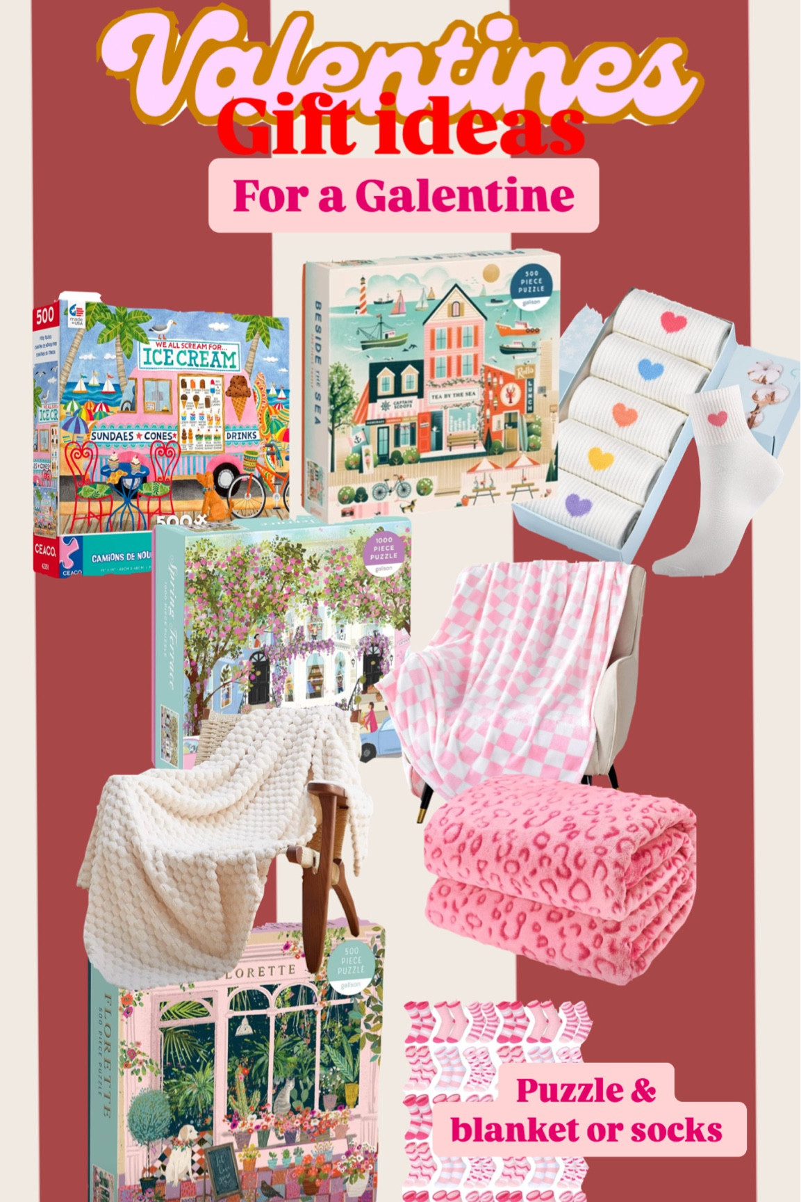 Need gift Galentine ideas? I’ve got you! These are cute, fun, and everyone can enjoy them! A cute puzzle Valentine night in is perfect for a gals night! Add a cute cozy blanket and some socks with snacks and I’m so there!!! 

#LTKSeasonal #LTKGiftGuide #LTKFindsUnder50