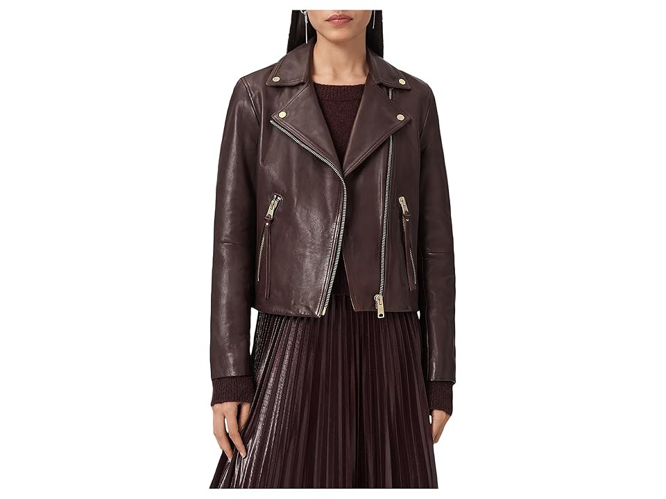 AllSaints Dalby Biker Women's Clothing Oxblood Red : UK 8 (US Women's 4), Polyester/Leather | Zappos