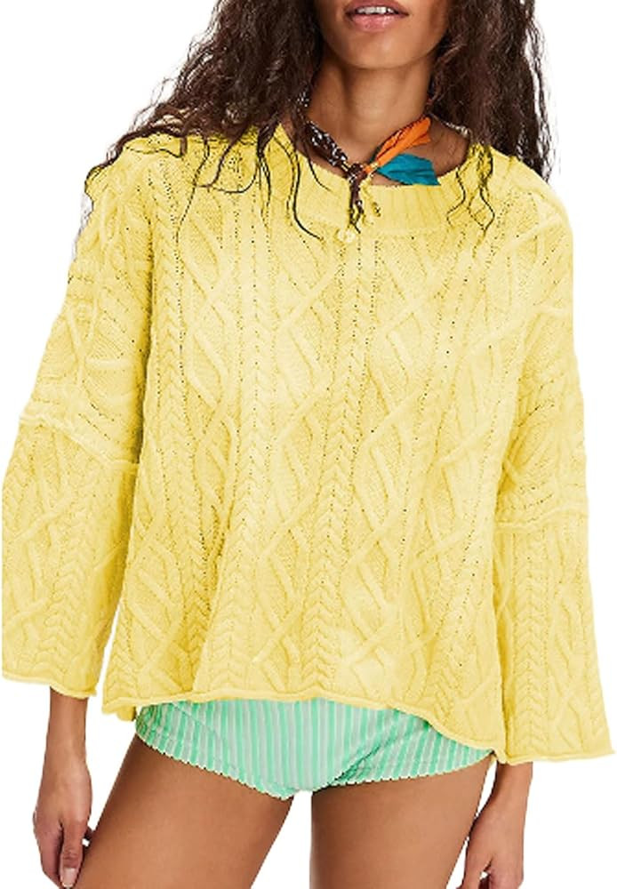 CHARTOU Women Fall Cable Knit Pullover Sweater Crew Neck 3/4 Sleeve Chunky Cropped Slouchy Sweater Jumper | Amazon (US)