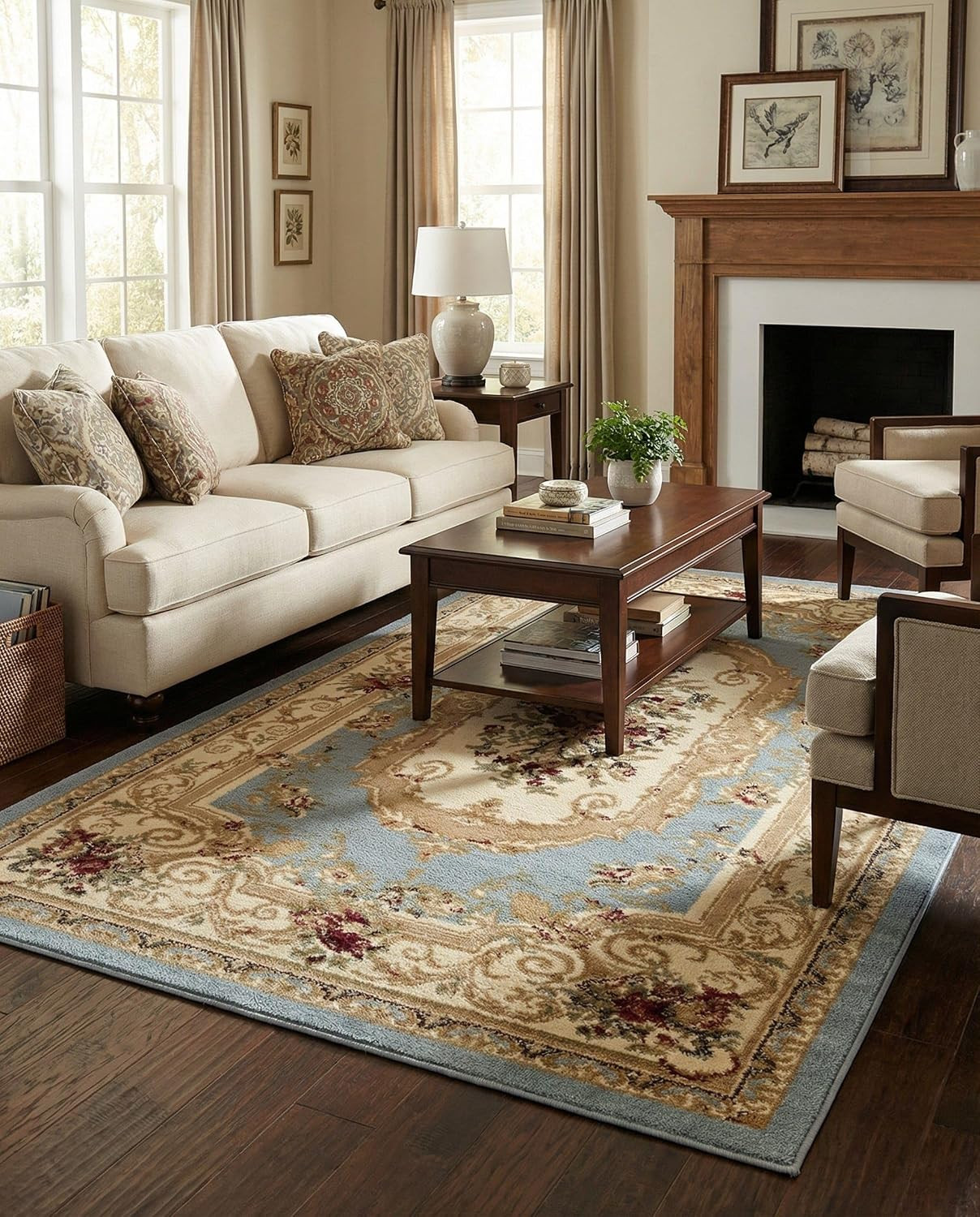 Rugs.com - Chateau Rug – 5' 3 x 8' Light Blue Easy-Clean Area Rug – Traditional Floral Medallion for Living Rooms and Dining Areas | Amazon (US)
