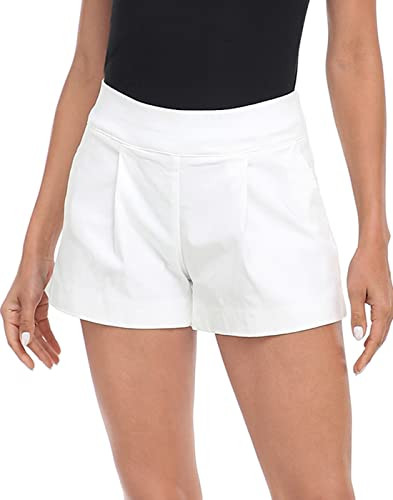 HDE Womens Pull On Dress Shorts 3" Inseam with Pockets High Waisted Chino Dressy Pleated Summer Stretchy Elastic Waist Shorts White - L | Amazon (US)