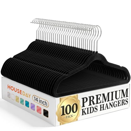 HOUSE DAY 14 Inch Kids Velvet Hangers 100 Pack, Durable Big Kid Hangers for Youth, Teen, Non Slip Kids Felt Hanger, Cute Childrens Hanger for Closet, Black | Amazon (US)