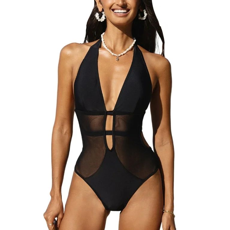 Cupshe Women's One Piece Swimsuit Mesh Plunging Halter Bathing Suit, M | Walmart (US)