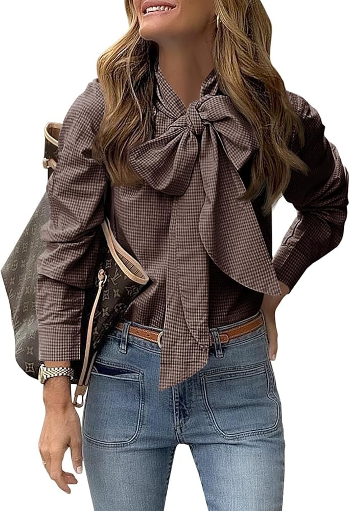 Cicy Bell Womens Plaid Shirts Bow Tied Neck Button Down Long Sleeve Casual Dressy Blouse Tops | Amazon (US)