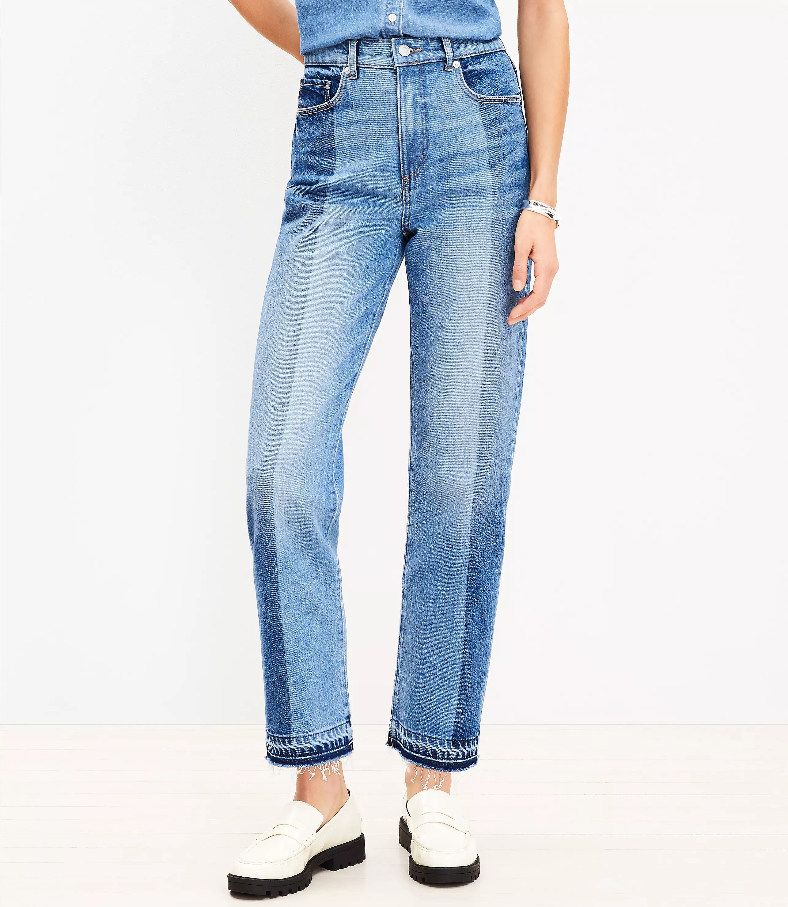 Striped Let Down Hem High Rise Straight Jeans in Original Mid Indigo Wash | LOFT